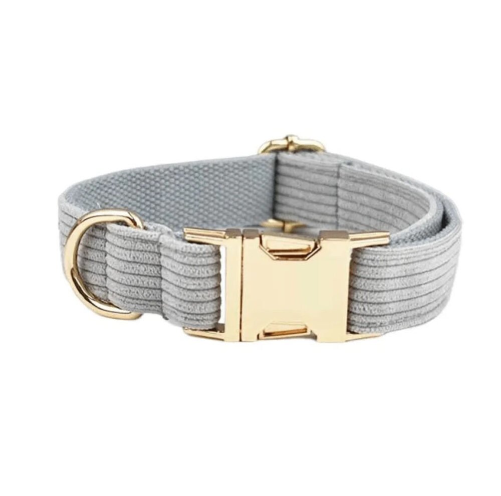 Collier et laisse chien à personnaliser en velours côtelé gris – Image 5